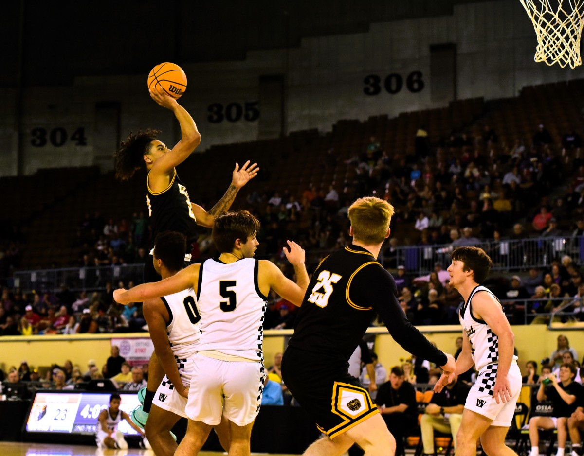 Caddo senior guard DJ Dill releases a shot during the Bruins' Class A semifinal win against Seiling on March 1, 2024.